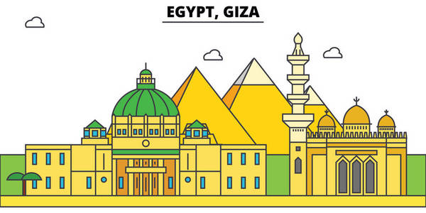 埃及, 吉萨轮廓城市天际线, 线形插图, 横幅, 旅游地标, 建筑物剪影, 矢量