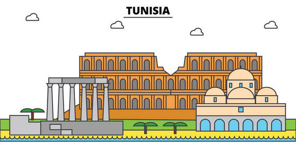 突尼斯概述城市天际线, 线形插图, 横幅, 旅游地标, 建筑物剪影, 矢量