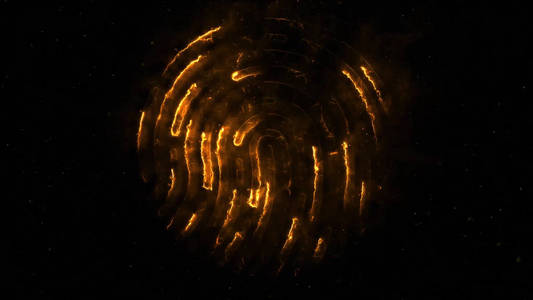 胺化 clorful 指纹。动画的外观和失踪的指纹与火花在黑色背景上。发光炫彩追踪指纹回路与哑光