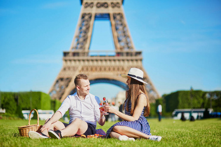 夫妇在法国巴黎的埃菲尔铁塔附近野餐