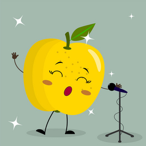 可爱的黄色苹果在卡通风格的笑脸唱歌入话筒