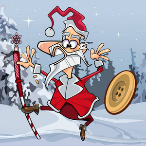 卡通有趣的圣诞老人在休克跳起来在树林里吓坏了