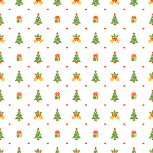 圣诞节无缝模式与圣诞树和贝尔在白色背景。包装纸或贺卡的矢量背景