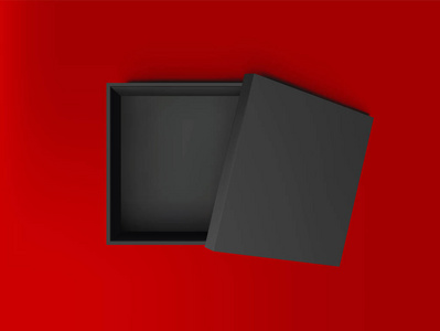 黑色打开空方块纸板箱红色背景顶部的看法。样机模板的设计产品, 包装, 品牌, 广告。矢量插图