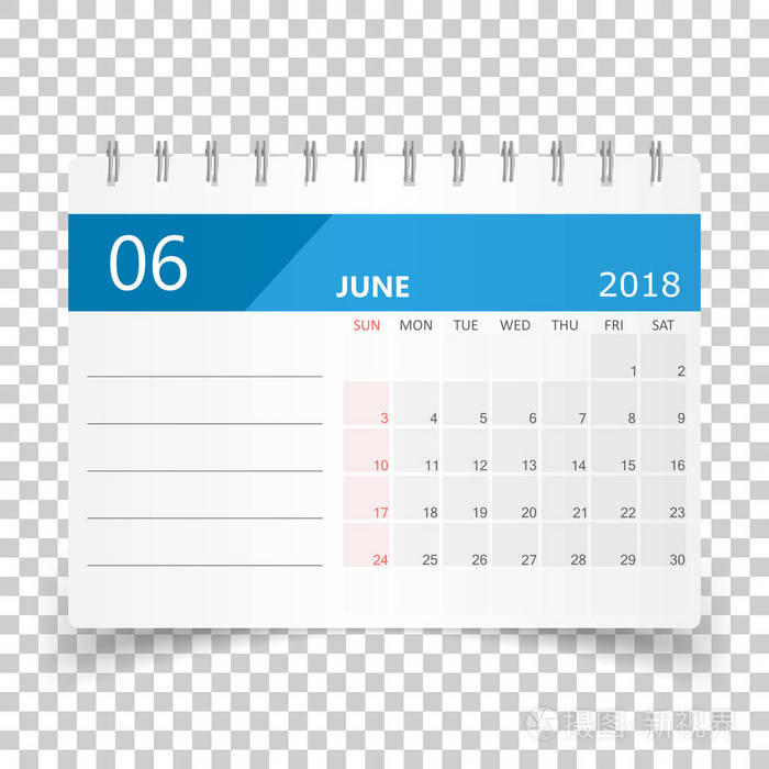 6月 2018年日历.日历策划设计模板.开始一周