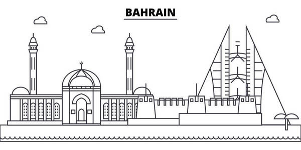 巴林建筑天际线建筑, 剪影, 轮廓景观, 地标。可编辑笔画。城市天际线插图。平面设计向量, 线概念