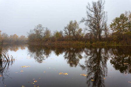 秋日清晨的薄雾中静静的河水图片