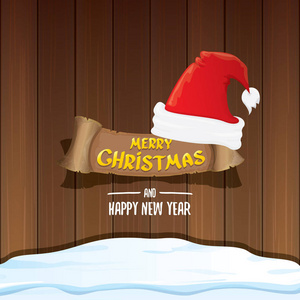 矢量红色圣诞老人帽子与纸横幅和问候文本圣诞快乐新年在木制背景