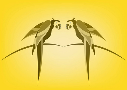 双鹦鹉, 热带鹦鹉鸟图标图像矢量图设计单色, 孤立或黄色背景