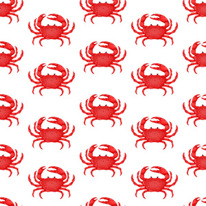 在白色背景矢量图上的纯红蟹的无缝模式。海水动物图标与爪子。海鲜产品设计