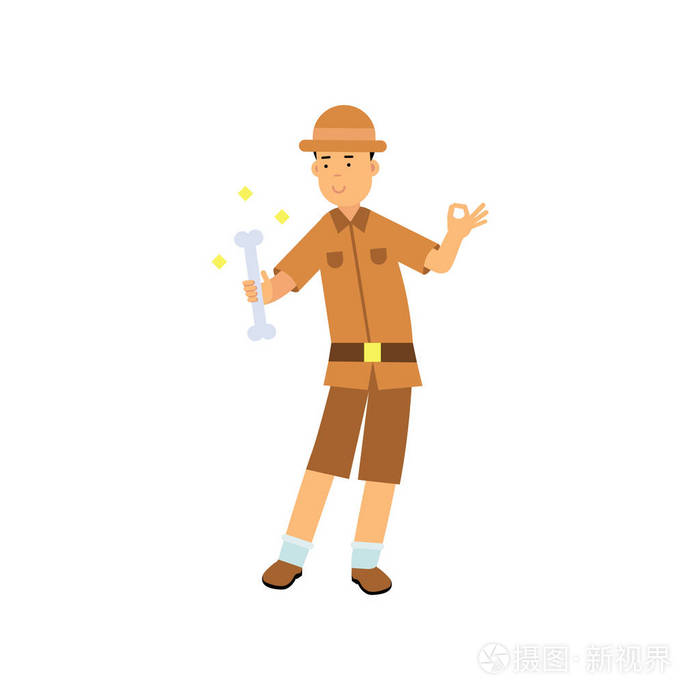 愉快的考古学家字符站立与骨头在他的手