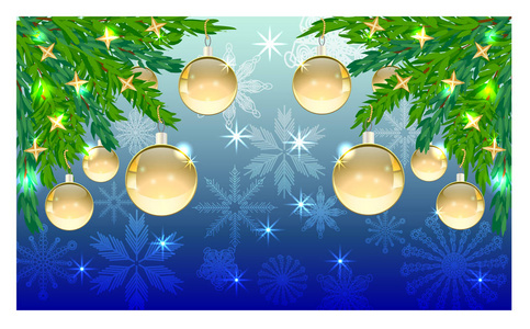长方形蓝色圣诞节背景与雪花, 针叶树枝在角落, 装饰用金黄球, 星