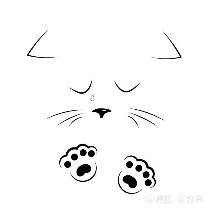矢量黑白轮廓画哀伤的猫面孔用爪子