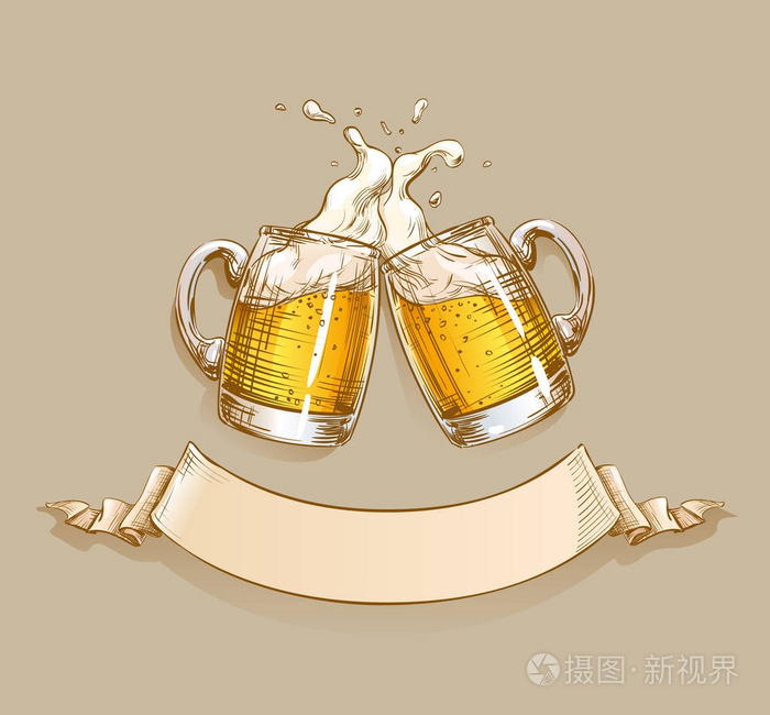 两杯啤酒碰杯在一杯啤酒泡沫飞溅.设计模板与功能区的