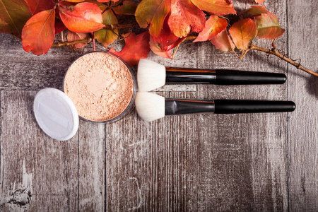 专业化妆品产品在深色木制背景下的秋季概念