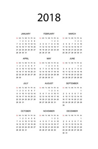 2018年的简单日历。周从星期日开始