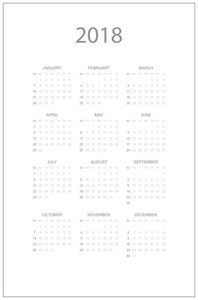 2018年的简单日历。周从星期日开始