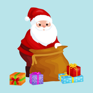 圣诞节圣诞老人与袋子充满礼物为冬天假日 xmass, 新年礼物矢量例证