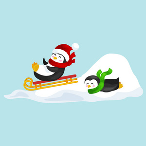 两个快乐可爱的圣诞企鹅在帽子和围巾雪橇滑雪雪冰幻灯片在除夕的新年。问候向量图