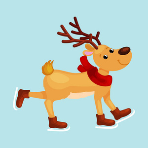 圣诞驯鹿用牛角和围巾滑冰在冰乐趣愉快地花费时间除夕前夕假日, 冬天动物鹿矢量例证