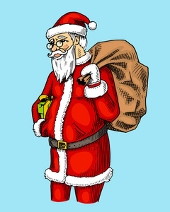 刻在旧的素描和老式风格的标签手绘。圣诞或圣诞节快乐, 新年珍藏。冬季节日装饰。圣诞老人或红鼻子金色铃铛