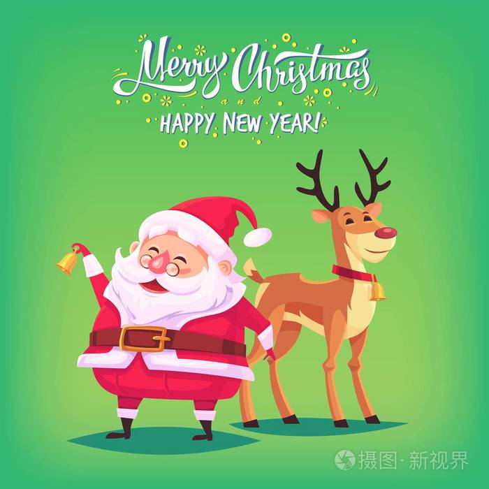 逗人喜爱的动画片圣诞老人敲响的响铃和滑稽的驯鹿快乐圣诞节矢量插画