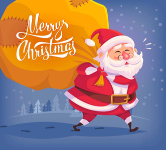 逗人喜爱的动画片圣诞老人送礼物在大袋子快活的圣诞节矢量插画贺卡海报