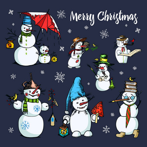 冬季假期雪人在不同服饰的集合。摄影师和艺术家与礼品。刻的手绘在旧素描和复古风格标签和明信片。圣诞节或新年装饰品