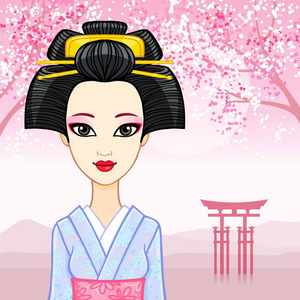 动漫肖像的年轻日本女孩的一个古老的发型。艺伎, 舞, 公主背景一座山水, 樱花盛开的东方, 神圣的大门。矢量插图