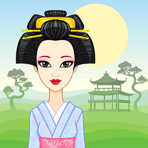 动漫肖像的年轻日本女孩的一个古老的发型。艺伎, 舞, 公主背景一座山的风景, 古庙的剪影。矢量插图