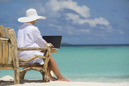 在海滩上使用笔记本电脑的商业妇女