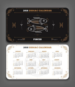 双鱼座2018年生肖日历口袋大小水平布局双面黑白颜色设计风格矢量概念图