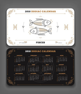 双鱼座2018年生肖日历口袋大小水平布局双面黑白颜色设计风格矢量概念图