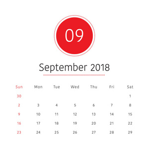 2018 年 9 月的桌子日历矢量图