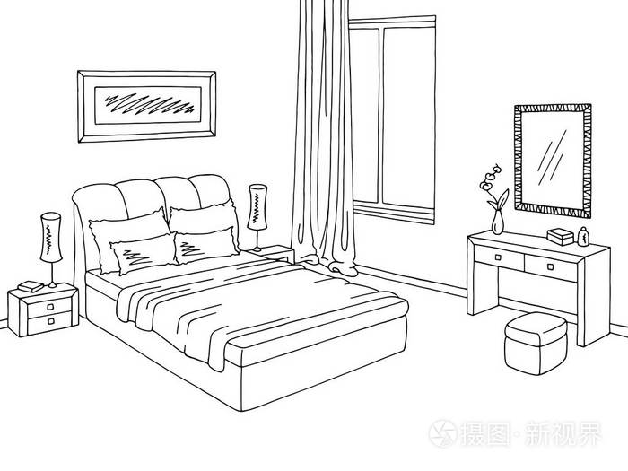 卧室图形黑色白色内饰素描图矢量