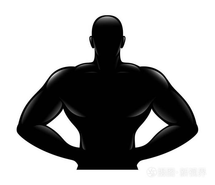 黑色剪影强壮的肌肉运动的男子, 健美手站在臀部, 身体, 裸躯干, 健身