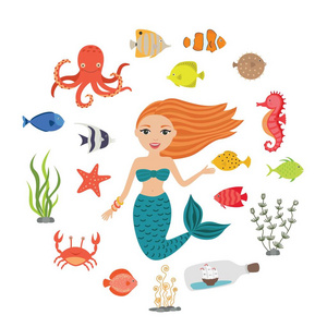 海洋插图集。小可爱的卡通美人鱼, 有趣的鱼, 海星, 瓶子与船, 藻类, 螃蟹, 海马, 章鱼。海主题