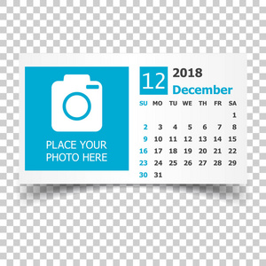 2018年12月日历。带有 pl 的日历规划器设计模板