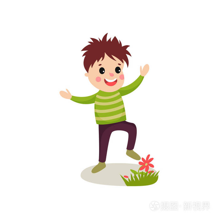 欺负孩子玩绿色草坪和踩踏花, 卡通人物顽皮的男孩