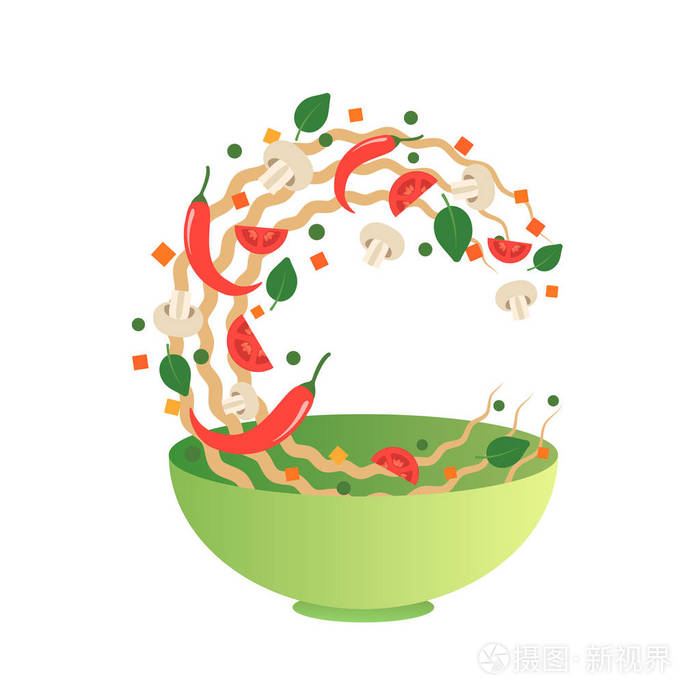 翻炒矢量插图.在绿色的碗中用蔬菜翻转亚洲面条.卡通平面风格