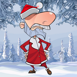 卡通愤怒的圣诞老人站在冬季森林的武器叉腰