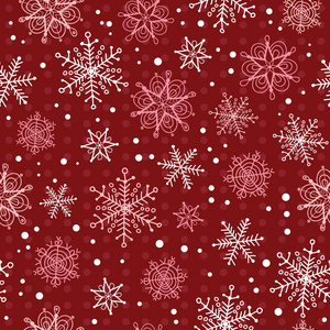矢量深红色手绘圣诞节雪花重复无缝图案背景。可用于面料墙纸文具包装