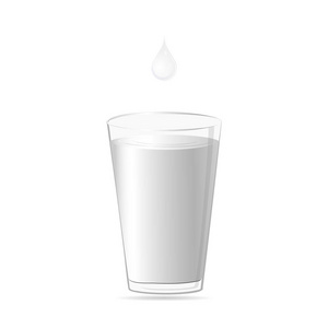 全玻璃牛奶和滴奶在白色背景上分离。矢量