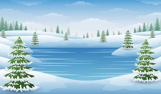 冬季景观与冰冻湖泊和冷杉树