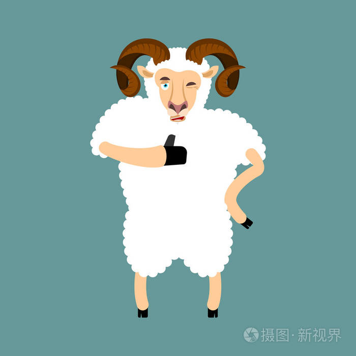 公羊竖起大拇指, 眨表情.绵羊农场动物快乐表情.我