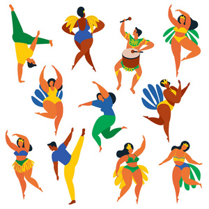 矢量插画在复古风格的嘉年华女孩, 男女青年。健康的生活方式。一组巴西桑巴舞者, 卡波耶拉, 鼓手。用纹理鲜艳的颜色设计元素
