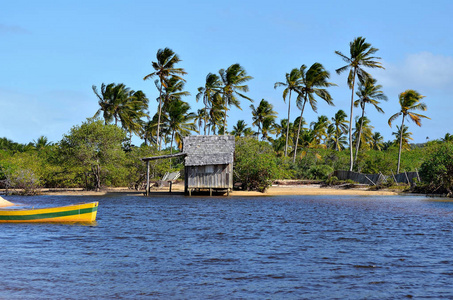 巴西海岸海滩上的小木屋