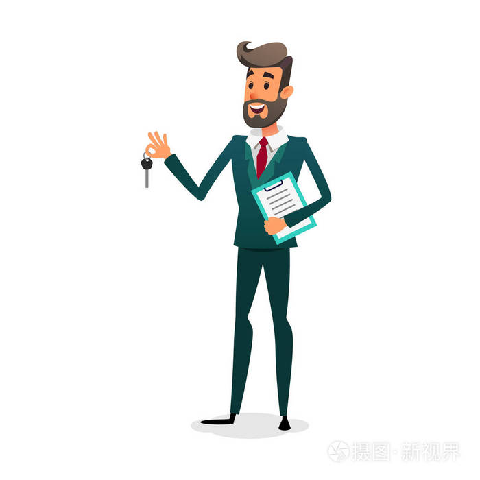 快乐的汽车卖家与文件.一个卡通自信的年轻推销员正在卖车.