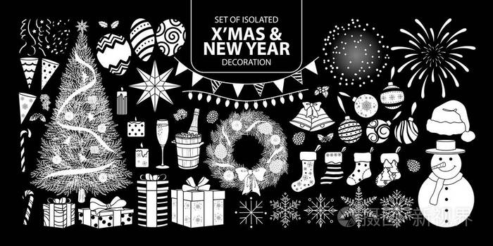 圣诞节和 Ne 的隔离白色剪影装饰集
