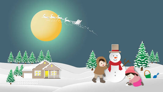孩子们做雪人和下雪的风景。冬季夜空与圣诞老人驯鹿在大月亮背景